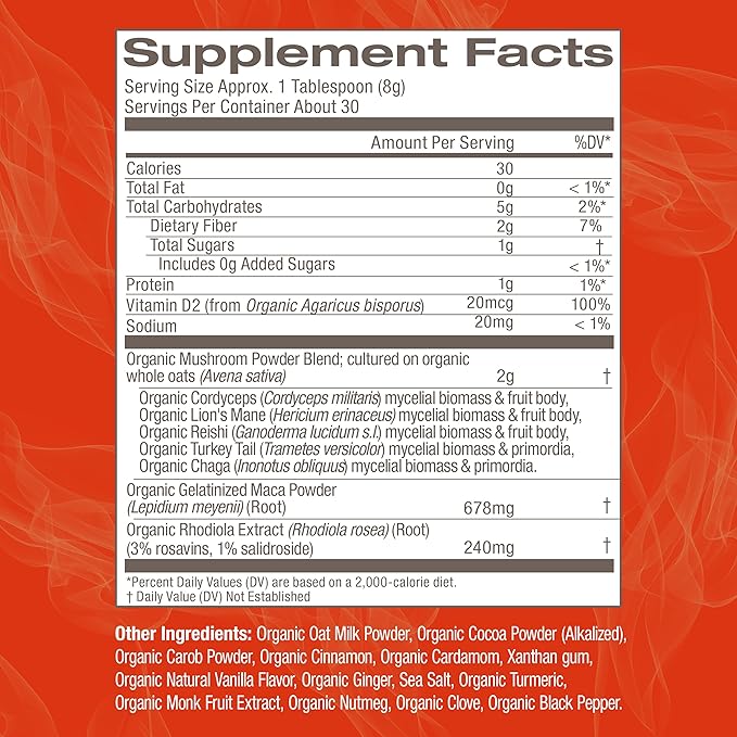 OM MUSHROOM SUPERFOOD Morning Energy Blend Mushroom Powder Drink, 8.47 Ounce Canister, Coffee Free Energy Drink with Cordyceps, Vitamin D2, Agaricus Bisporus, Lion's Mane, Rhodiola, and Turkey Tail