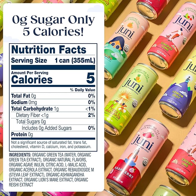 Juni Sparkling Adaptogen Drink with Ashwagandha, Lion’s Mane & Reishi Mushrooms | Green Tea for Focus, Zero Sugar, 5 Calories, Organic | Non Alcoholic Drinks - Tropical 12 pack