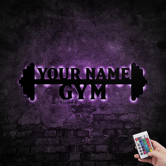 Personalized Home Gym LED Tin Metal Sign Multiple Sizes, Gym Sign Wall Decor, Exercise Workout Room Decor Fitness Center, Motivational Inspirational Hanging Wall Art Wall Plaque (02 w/lights)