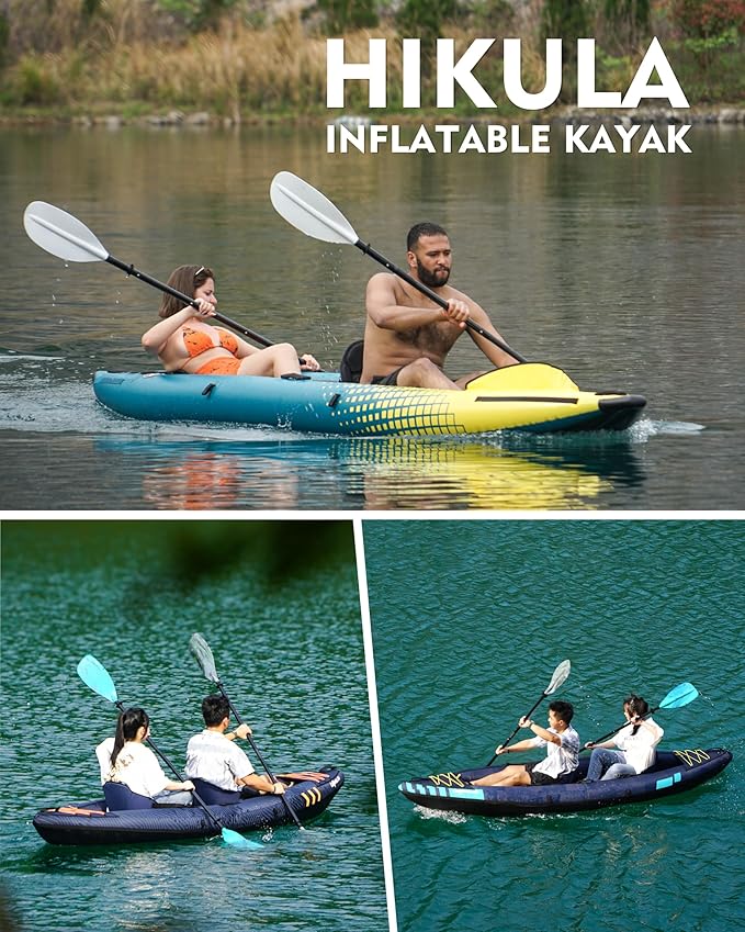 Inflatable Kayak 2 Person, Tandem Kayak, Foldable Kayaks for Adults, with Kayak Fin, 2 Aluminum Paddles, 2 Padded Seats, Hand Pump and Travel Backpack