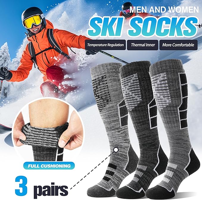 Anlisim 3 Pairs Unisex Merino Wool Ski Thermal Warm Thick Knee High Long Socks