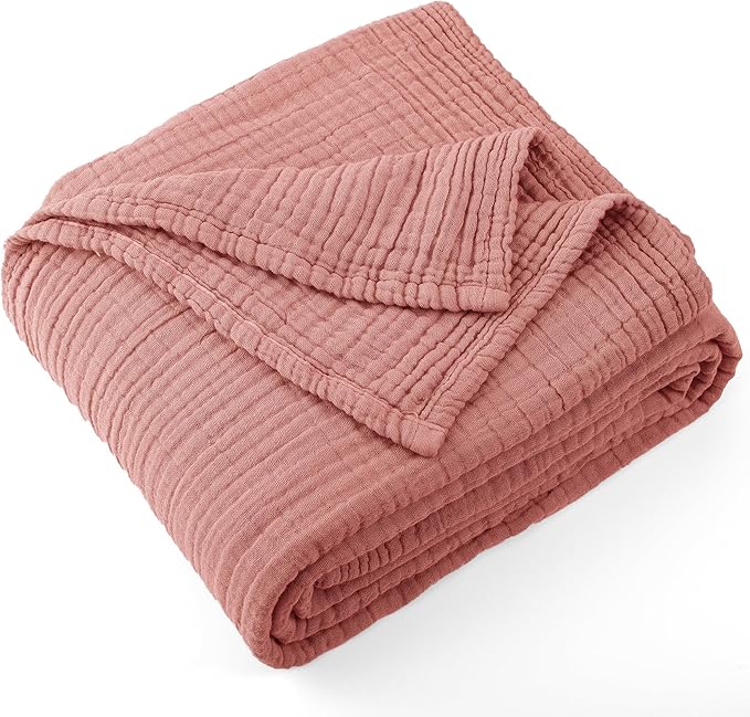 Carriediosa 100% Cotton Muslin Throw Blanket 70" X 80" Twin Size，4-Layers Summer Gauze Throws for Bed Couch，Soft Lightweight Breathable Linen Blankets Bedspread for Adults All Season，Mauve