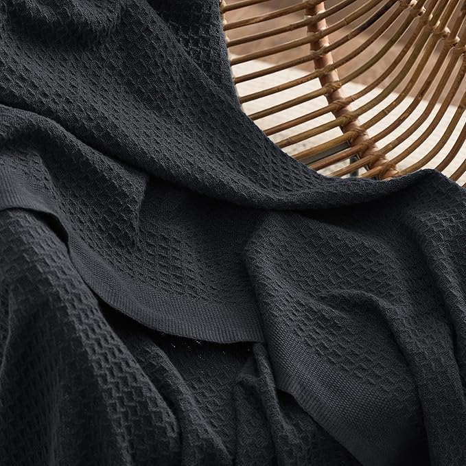 Bedsure 100% Cotton Blanket King Size for Bed - Breathable and Soft, Waffle Weave Blanket for Summer, Thick Cozy Fall Blankets for Women Gift, Black, 104x90 inches