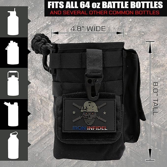 Iron InfideI Battle Bottle Sleeve - 64 oz and 32 oz Water Bottle Sleeve Only for Half Gallon 1L Steel Water Bottle | Rugged Cover with Molle for Versatile Design with Storage for Phone, Wallet & Keys