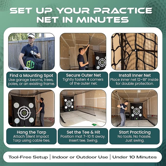 GrdnCare Golf Hitting Net 10x10x10ft – Golf Practice Net with Silent Target Tarp, Mat & Tee with Carry Bag (No Metal Frame) – Indoor Practice for Backyard or Garage & Outdoors