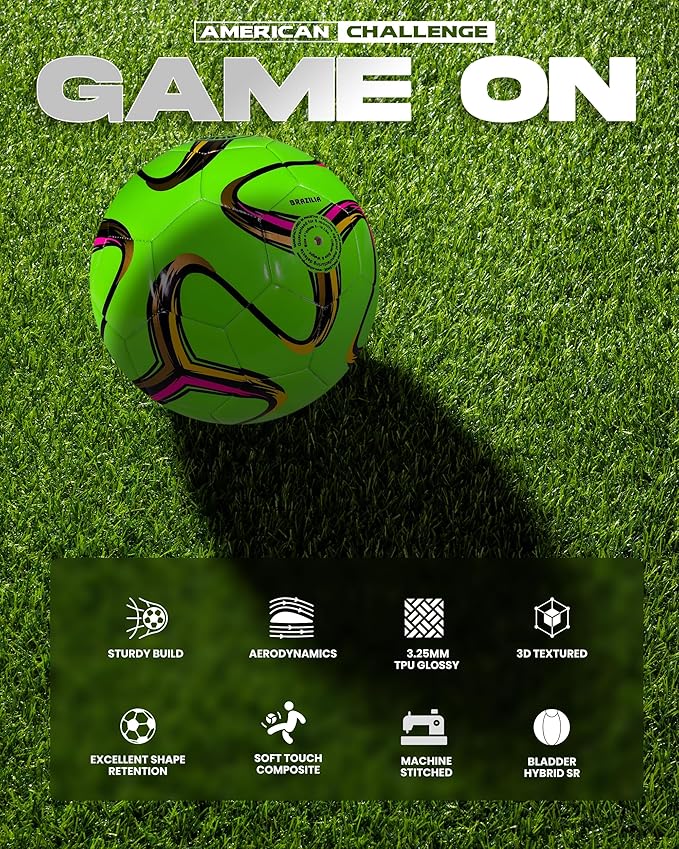 American Challenge Brasilia Soccer Ball – Soccer Ball Size 5, 4, 3 & 2 – for Youth & Adults – Ideal for Practice, Training & Grass Fields