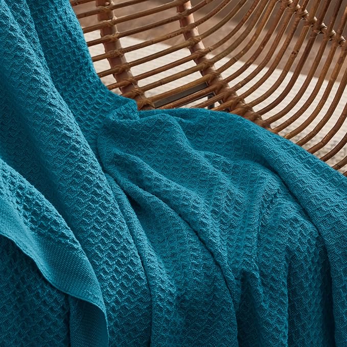 Bedsure 100% Cotton Blanket Queen Size for Bed - Breathable and Soft, Waffle Weave Blanket for Summer, Thick Cozy Fall Blankets for Women Gift, Teal, 90x90 Inches