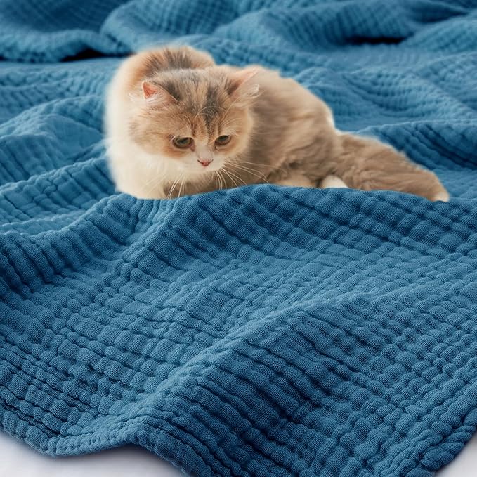 Carriediosa 100% Cotton Muslin Throw Blanket 90" X 90" Queen Size，4-Layers Summer Gauze Throws for Bed Couch，Soft Lightweight Breathable Linen Blankets Bedspread for Adults All Season，Dusty Blue