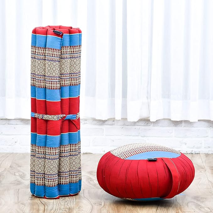 Leewadee Meditation Cushion Set – 1 Round Zafu Meditation Pillow and 1 Square Roll-Up Zabuton Meditation Mat, Pillows Bundle Filled with Kapok