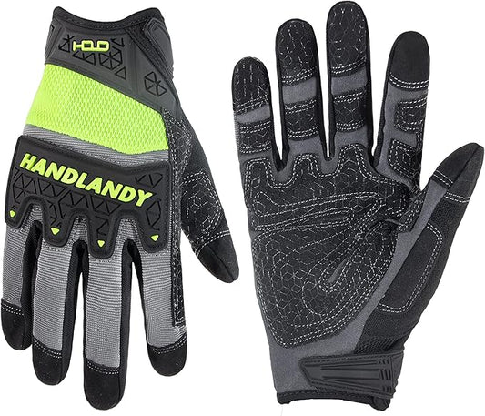 HANDLANDY Mens Work Gloves Touch screen, Utility Mechanic Gloves, Flexible Breathable Fit- Padded Knuckles & Palm