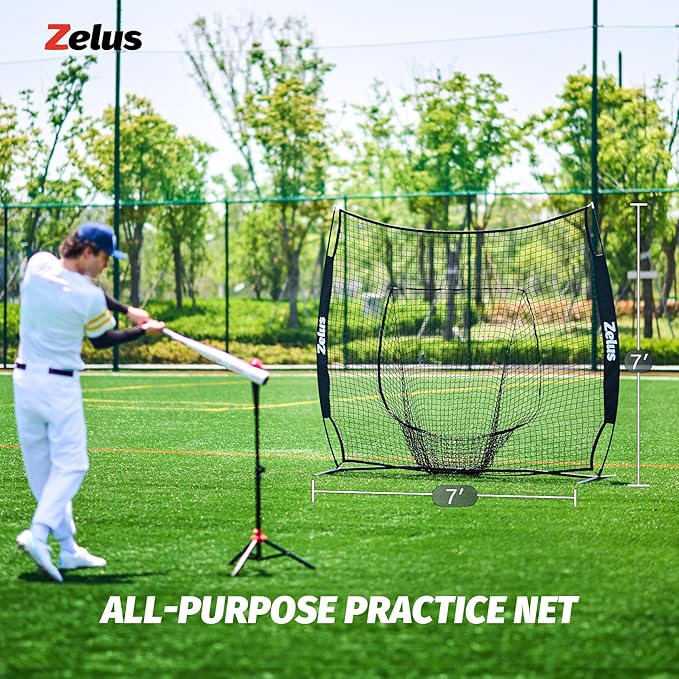 ZELUS Baseball Net 7 ft x7 ft, Softball Hitting & Pitching with Carry Bag, Ground Stakes, Portable Backstop & Bow Frame, Training Equipment for All Ages