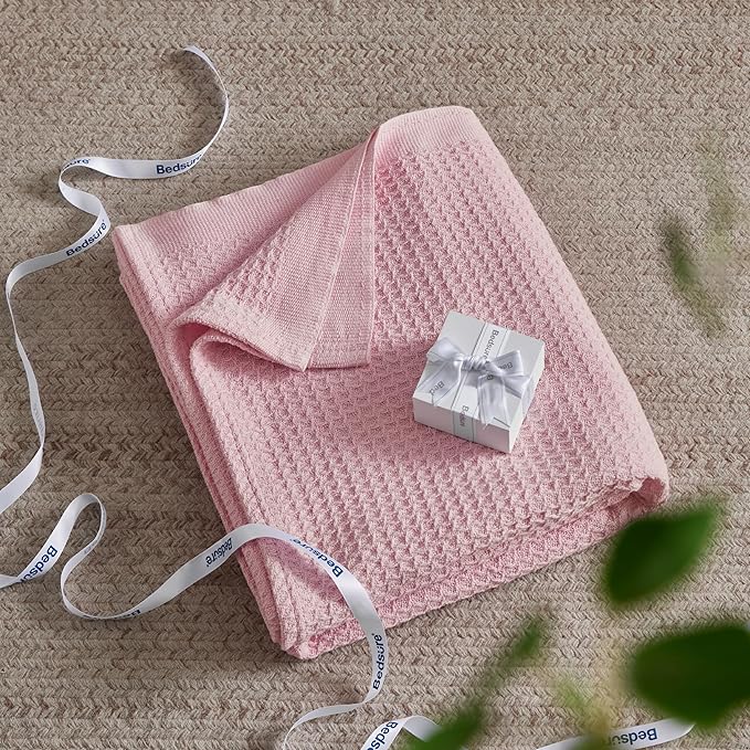 Bedsure 100% Cotton Blanket King Size for Bed - Breathable and Soft, Waffle Weave Blanket for Summer, Thick Cozy Fall Blankets for Women Gift, Pink, 104x90 inches