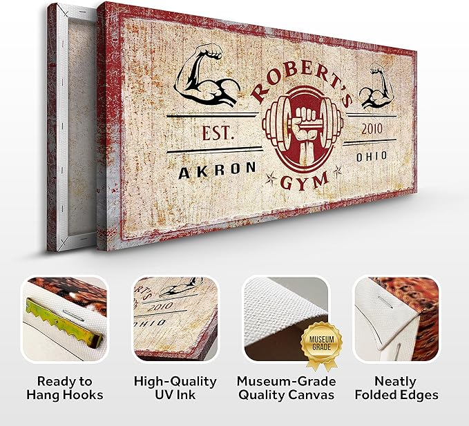 Tailored Canvases Personalized Gym Sign Wall Art Decor - Motivational Canvas for Home Gym, Workout Room, Garage, Fitness Center - Workout Inspirational Posters - One Hand Dumbbell on Rustic Red, 48x24in